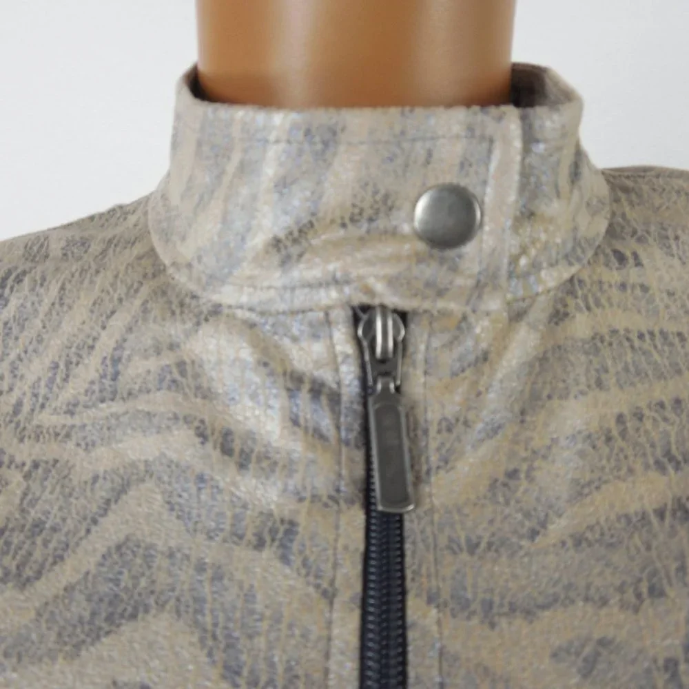 CHICO'S Top L Sz 2 Tan Animal Print Moto Jacket Zip Up Front Soft Distressed - Picture 5 of 11